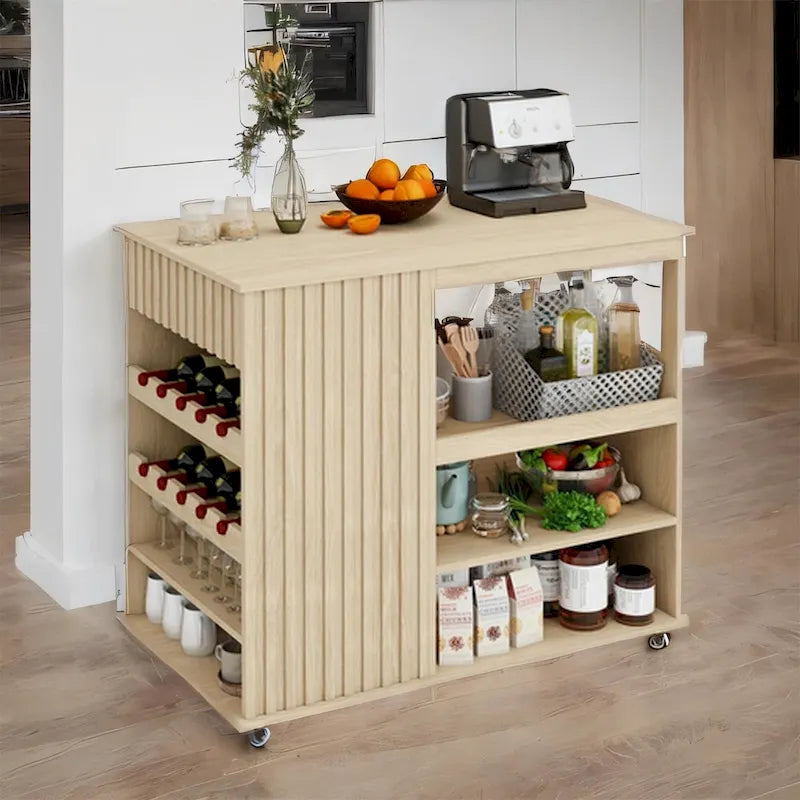 Rolling Kitchen Island with Drawer, Wine Rack & Lockable Casters