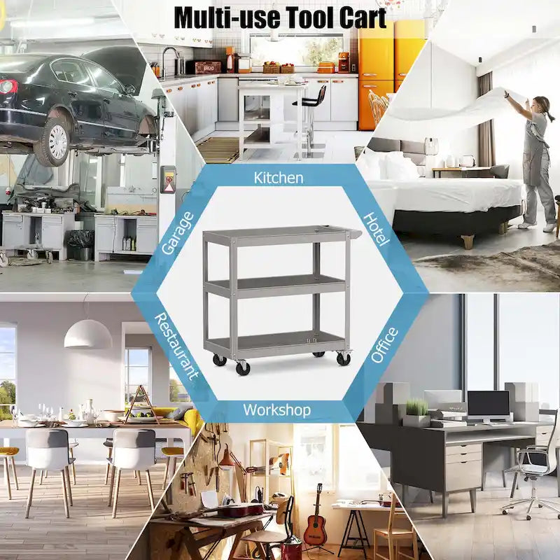 3-Tier Metal Utility Cart 400 lbs Storage Service Trolley