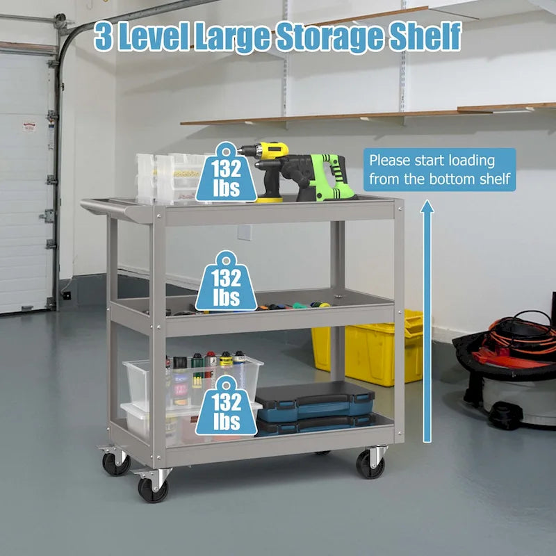 3-Tier Metal Utility Cart 400 lbs Storage Service Trolley