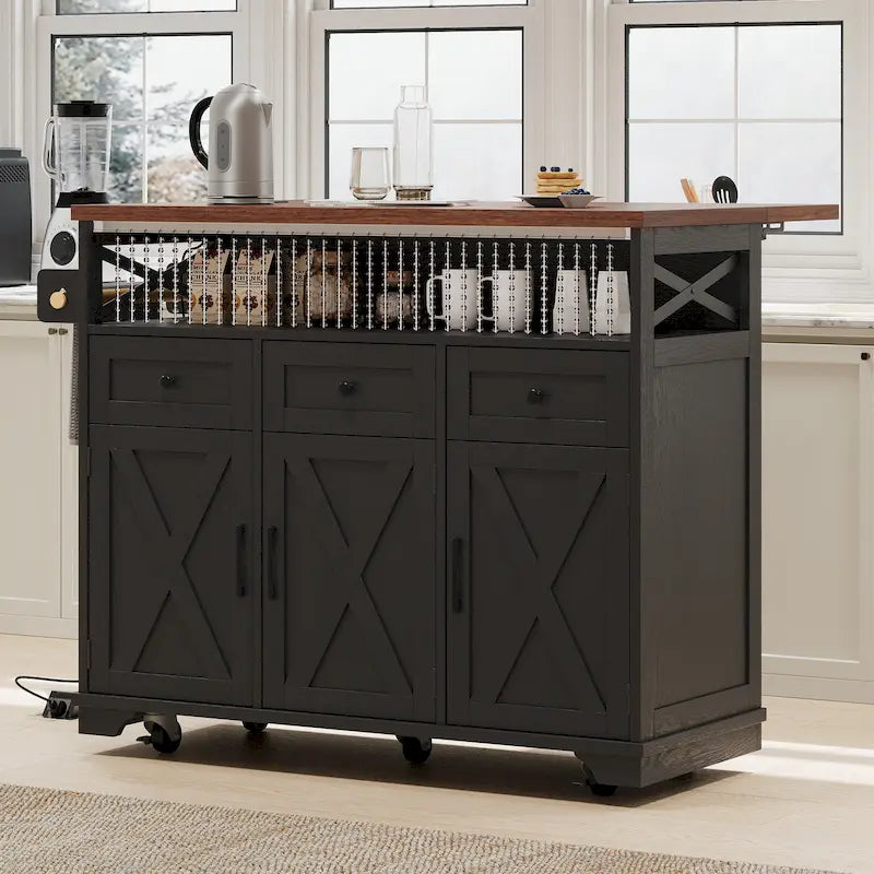 46.5" Kitchen Island with Beaded Drape, Power Outlet, Drop Leaf, 3 Doors & Drawers, Iron Shelf & Wheels