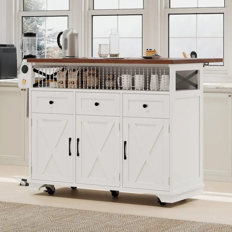 46.5" Kitchen Island with Beaded Drape, Power Outlet, Drop Leaf, 3 Doors & Drawers, Iron Shelf & Wheels