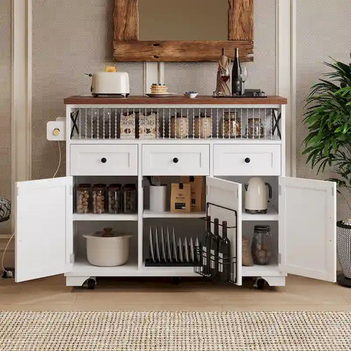 46.5" Kitchen Island with Beaded Drape, Power Outlet, Drop Leaf, 3 Doors & Drawers, Iron Shelf & Wheels