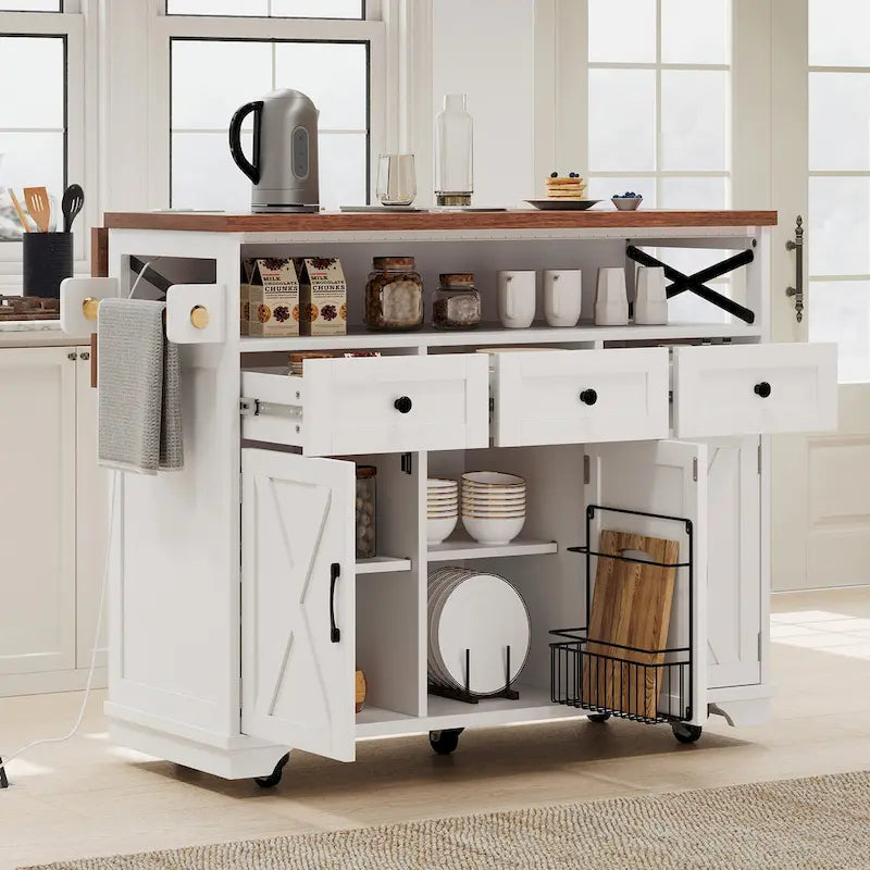 46.5" Kitchen Island with Beaded Drape, Power Outlet, Drop Leaf, 3 Doors & Drawers, Iron Shelf & Wheels