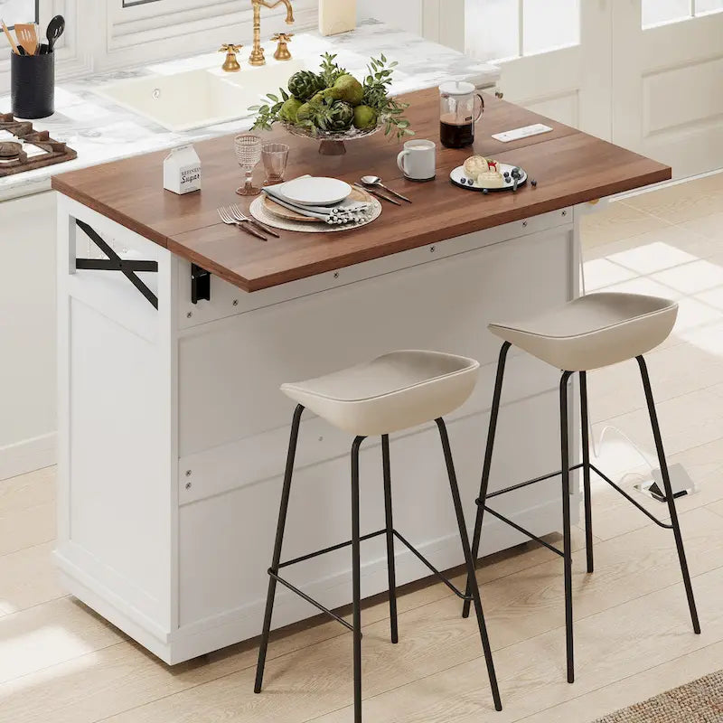46.5" Kitchen Island with Beaded Drape, Power Outlet, Drop Leaf, 3 Doors & Drawers, Iron Shelf & Wheels