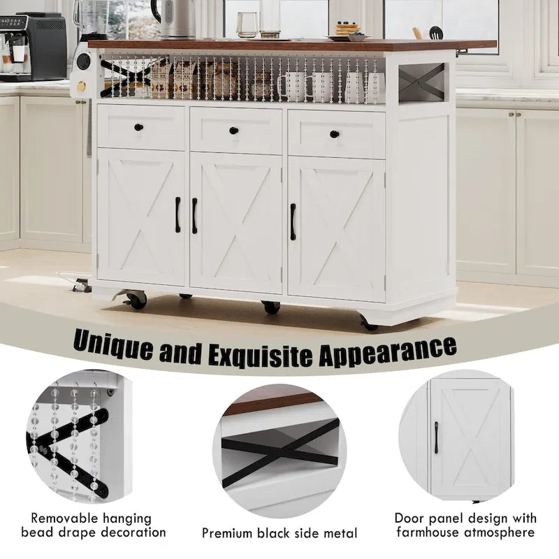46.5" Kitchen Island with Beaded Drape, Power Outlet, Drop Leaf, 3 Doors & Drawers, Iron Shelf & Wheels