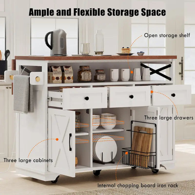 46.5" Kitchen Island with Beaded Drape, Power Outlet, Drop Leaf, 3 Doors & Drawers, Iron Shelf & Wheels
