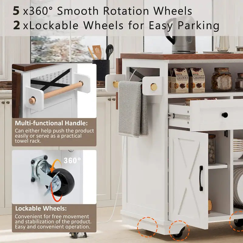 46.5" Kitchen Island with Beaded Drape, Power Outlet, Drop Leaf, 3 Doors & Drawers, Iron Shelf & Wheels