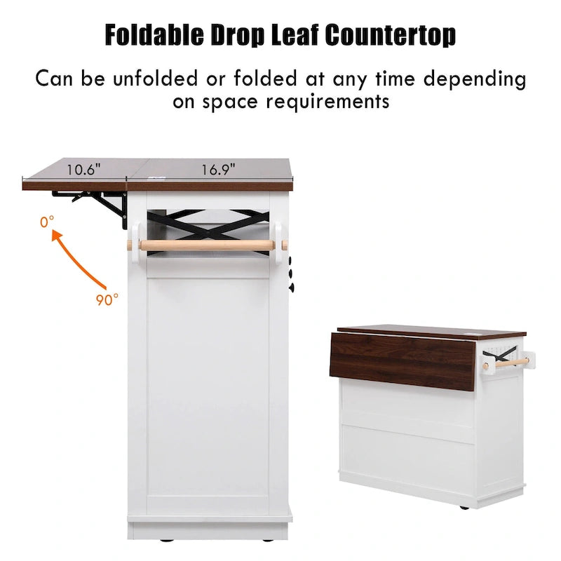 46.5" Kitchen Island with Beaded Drape, Power Outlet, Drop Leaf, 3 Doors & Drawers, Iron Shelf & Wheels