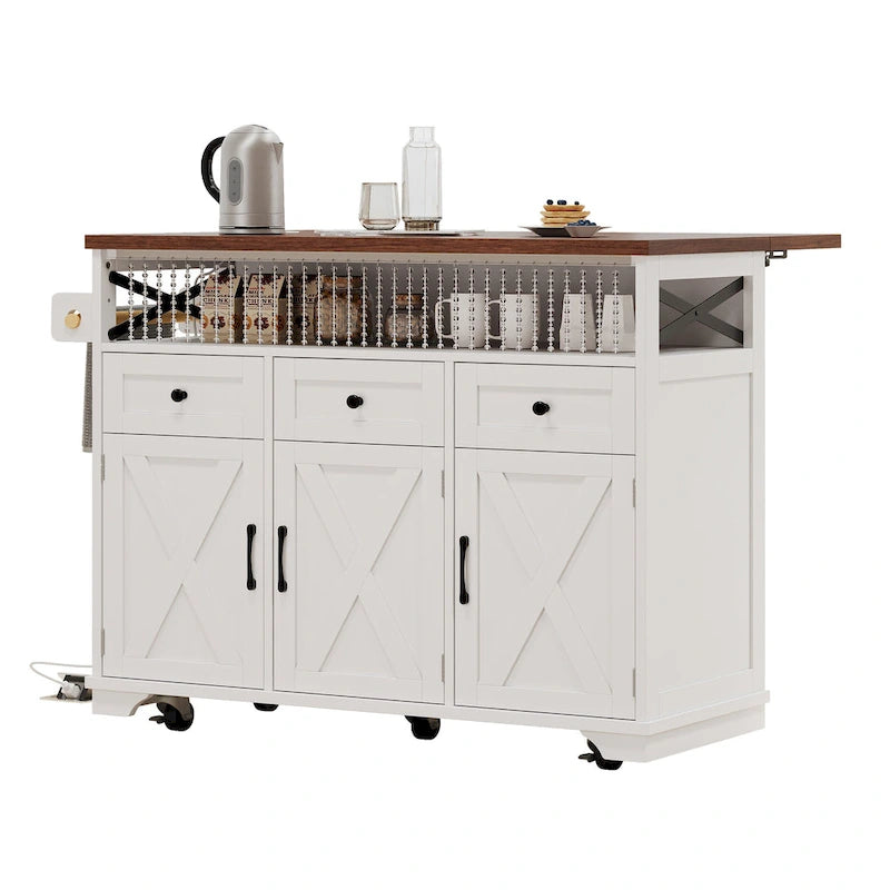 46.5" Kitchen Island with Beaded Drape, Power Outlet, Drop Leaf, 3 Doors & Drawers, Iron Shelf & Wheels