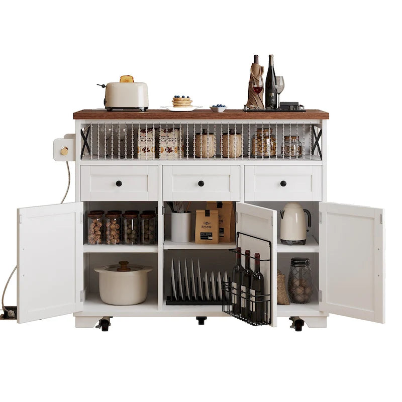 46.5" Kitchen Island with Beaded Drape, Power Outlet, Drop Leaf, 3 Doors & Drawers, Iron Shelf & Wheels