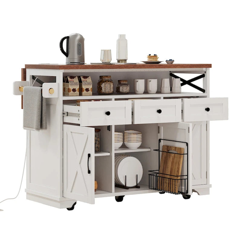 46.5" Kitchen Island with Beaded Drape, Power Outlet, Drop Leaf, 3 Doors & Drawers, Iron Shelf & Wheels