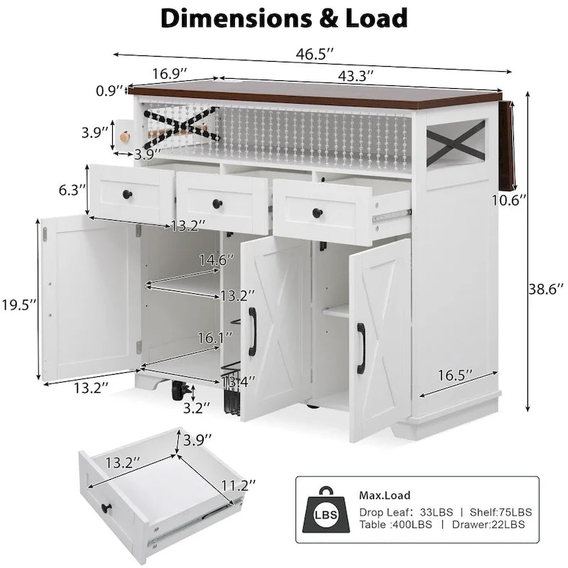 46.5" Kitchen Island with Beaded Drape, Power Outlet, Drop Leaf, 3 Doors & Drawers, Iron Shelf & Wheels
