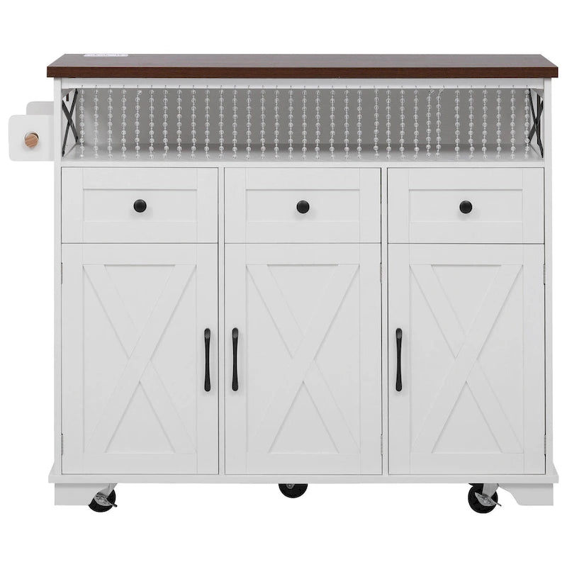 46.5" Kitchen Island with Beaded Drape, Power Outlet, Drop Leaf, 3 Doors & Drawers, Iron Shelf & Wheels