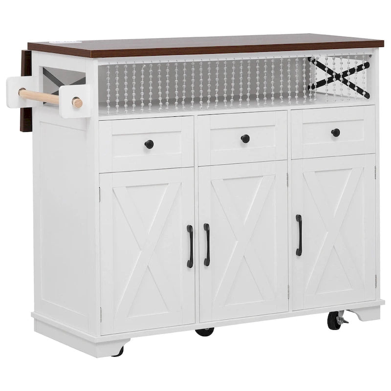 46.5" Kitchen Island with Beaded Drape, Power Outlet, Drop Leaf, 3 Doors & Drawers, Iron Shelf & Wheels