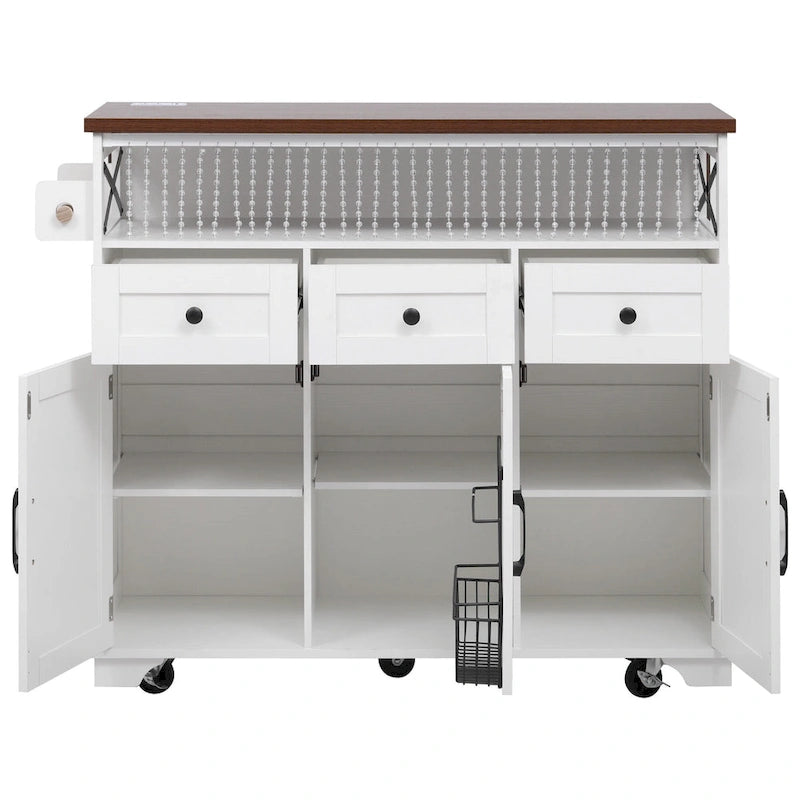 46.5" Kitchen Island with Beaded Drape, Power Outlet, Drop Leaf, 3 Doors & Drawers, Iron Shelf & Wheels