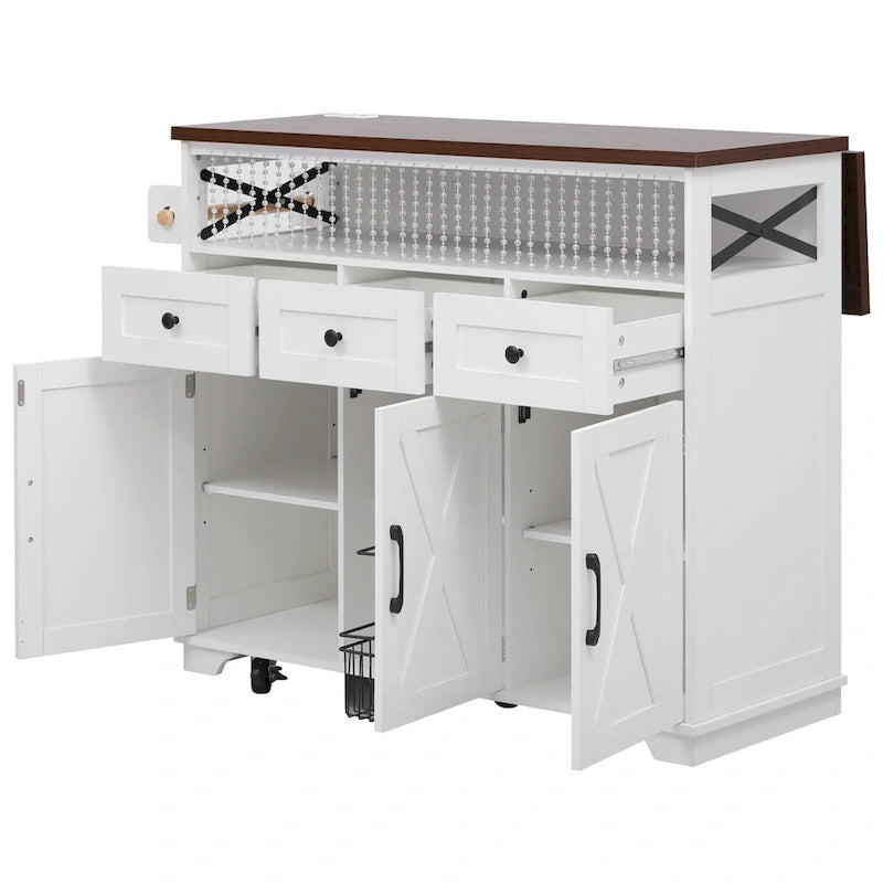 46.5" Kitchen Island with Beaded Drape, Power Outlet, Drop Leaf, 3 Doors & Drawers, Iron Shelf & Wheels