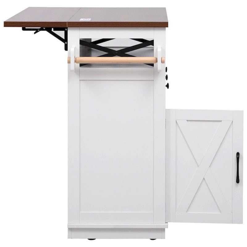 46.5" Kitchen Island with Beaded Drape, Power Outlet, Drop Leaf, 3 Doors & Drawers, Iron Shelf & Wheels