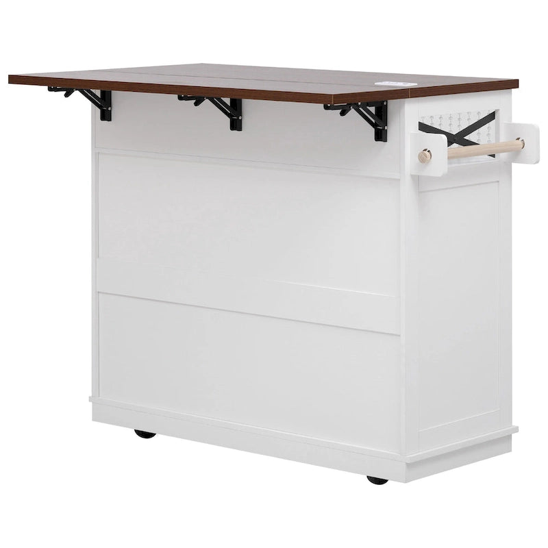 46.5" Kitchen Island with Beaded Drape, Power Outlet, Drop Leaf, 3 Doors & Drawers, Iron Shelf & Wheels