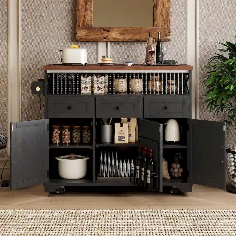 46.5" Kitchen Island with Beaded Drape, Power Outlet, Drop Leaf, 3 Doors & Drawers, Iron Shelf & Wheels