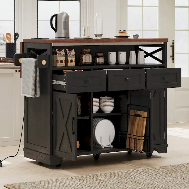 46.5" Kitchen Island with Beaded Drape, Power Outlet, Drop Leaf, 3 Doors & Drawers, Iron Shelf & Wheels