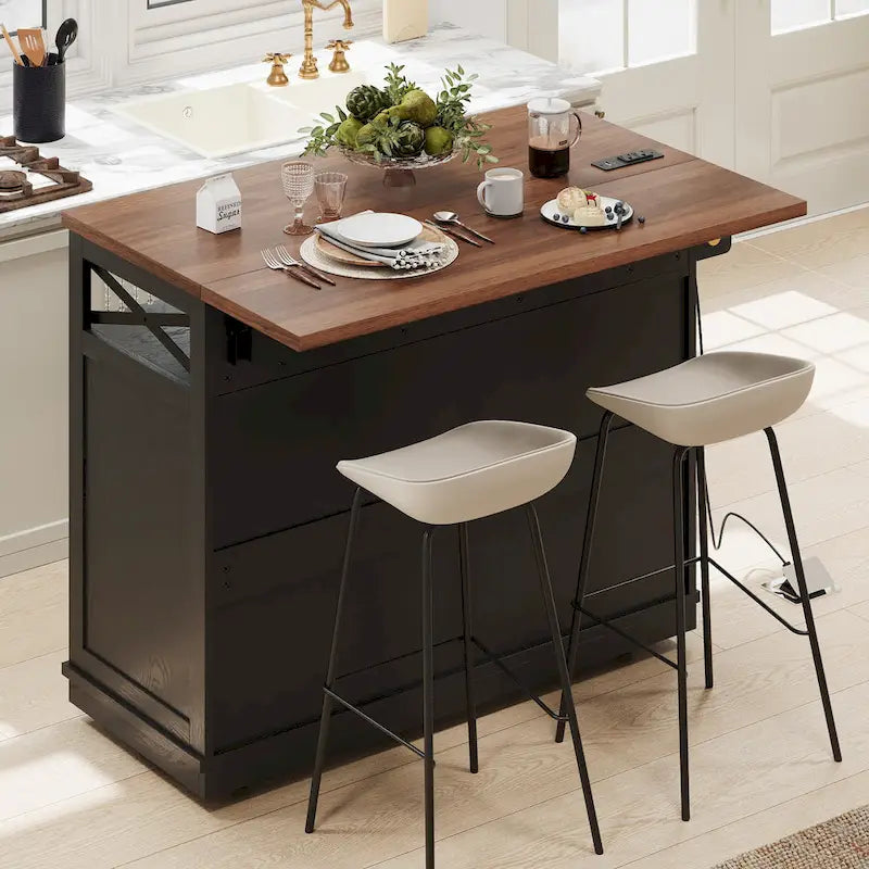 46.5" Kitchen Island with Beaded Drape, Power Outlet, Drop Leaf, 3 Doors & Drawers, Iron Shelf & Wheels