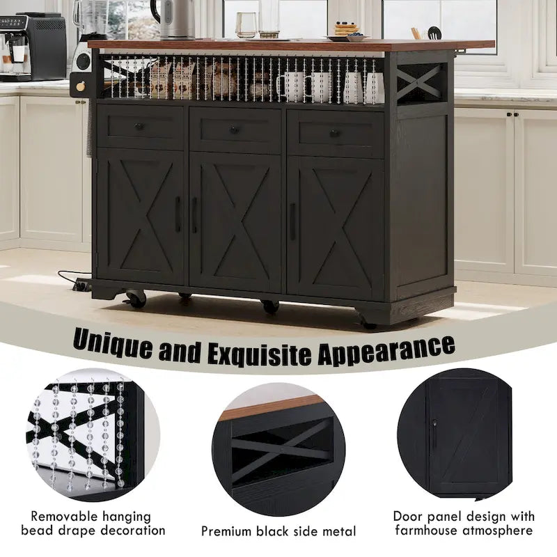 46.5" Kitchen Island with Beaded Drape, Power Outlet, Drop Leaf, 3 Doors & Drawers, Iron Shelf & Wheels