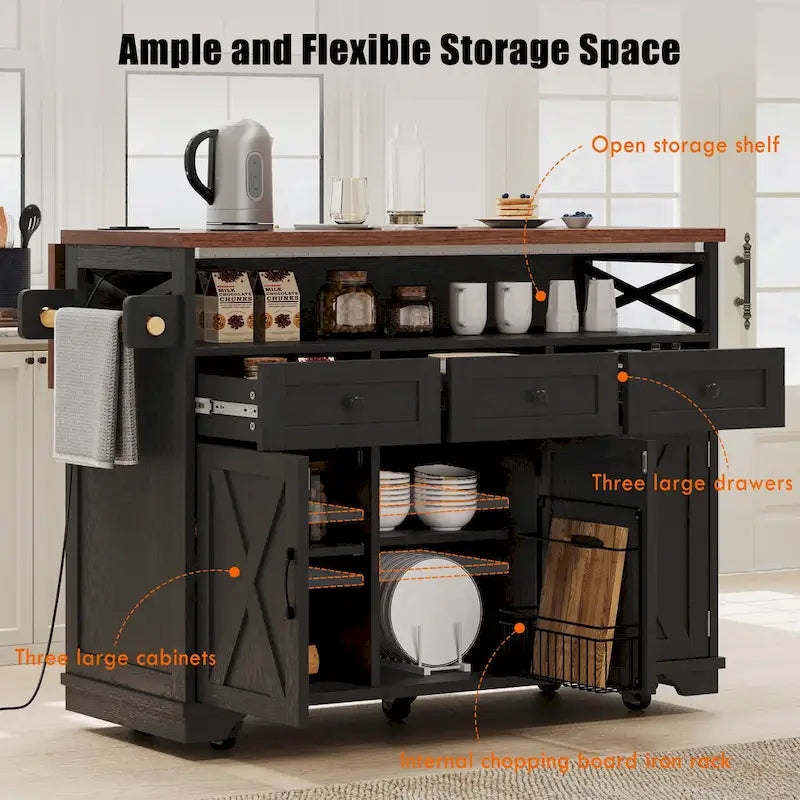 46.5" Kitchen Island with Beaded Drape, Power Outlet, Drop Leaf, 3 Doors & Drawers, Iron Shelf & Wheels