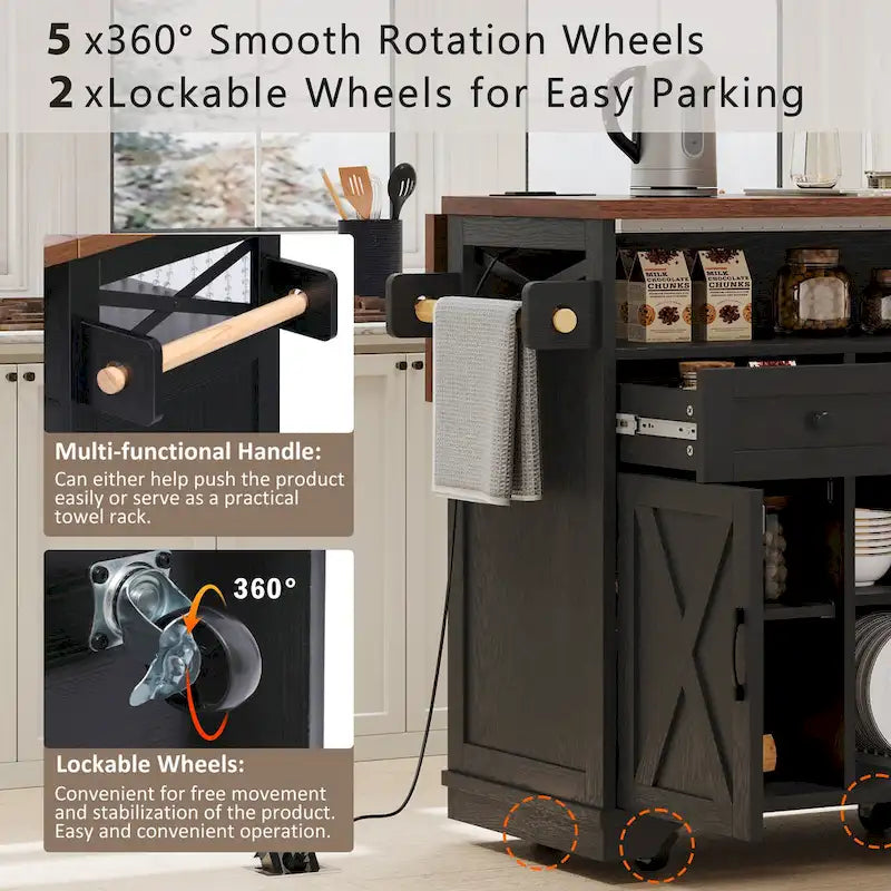 46.5" Kitchen Island with Beaded Drape, Power Outlet, Drop Leaf, 3 Doors & Drawers, Iron Shelf & Wheels