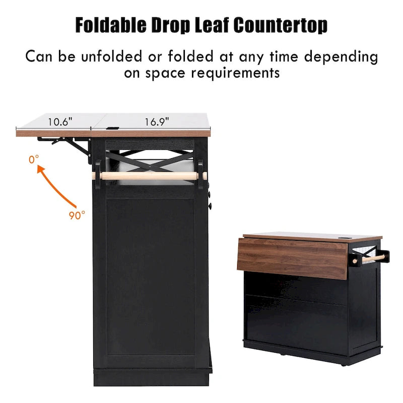 46.5" Kitchen Island with Beaded Drape, Power Outlet, Drop Leaf, 3 Doors & Drawers, Iron Shelf & Wheels