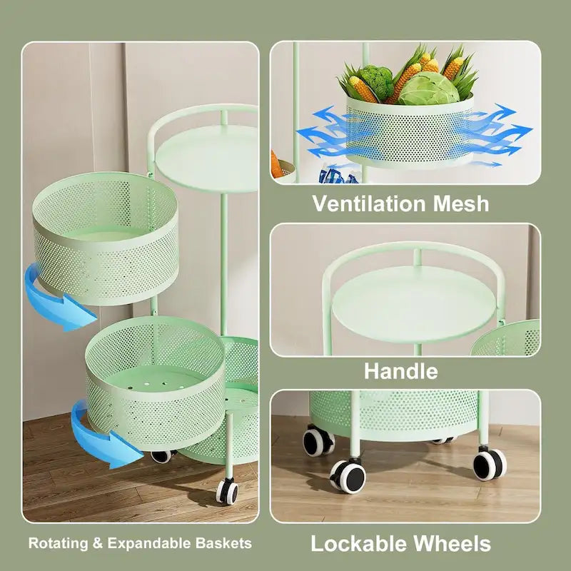 Multi-Tier Rotating Storage Basket with Wheels