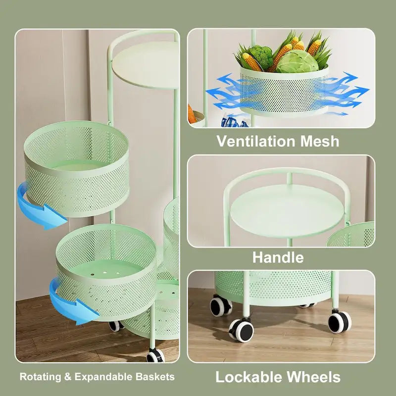 Multi-Tier Rotating Storage Basket with Wheels