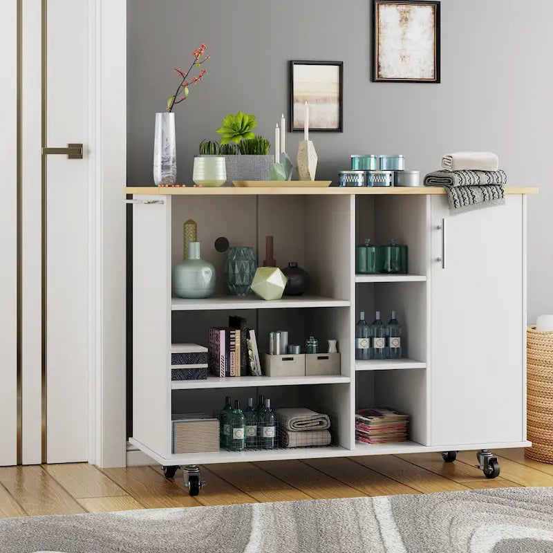 Kitchen Storage Island Cart with 6 Open Shelves and 1 Cabinet