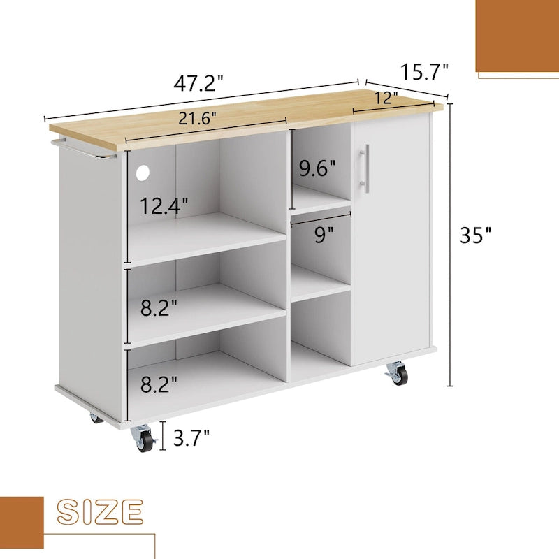 Kitchen Storage Island Cart with 6 Open Shelves and 1 Cabinet