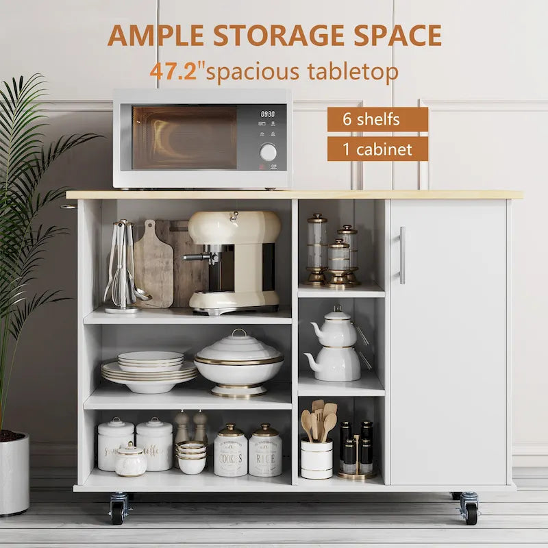 Kitchen Storage Island Cart with 6 Open Shelves and 1 Cabinet