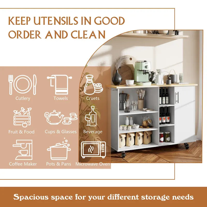 Kitchen Storage Island Cart with 6 Open Shelves and 1 Cabinet