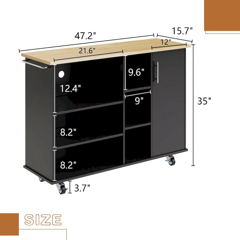 Kitchen Storage Island Cart with 6 Open Shelves and 1 Cabinet