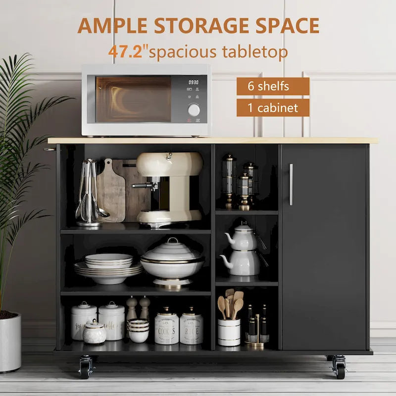 Kitchen Storage Island Cart with 6 Open Shelves and 1 Cabinet