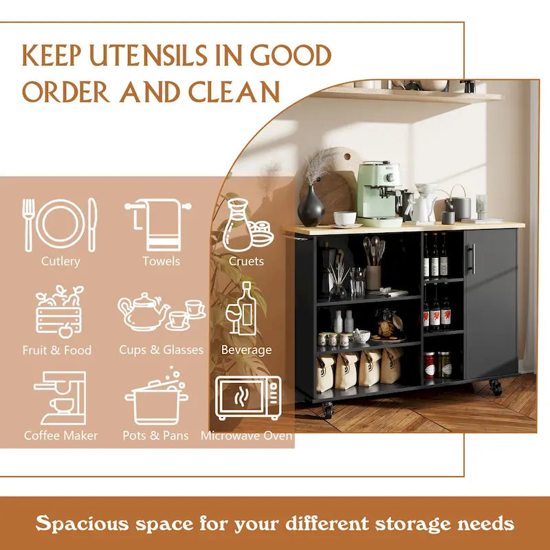 Kitchen Storage Island Cart with 6 Open Shelves and 1 Cabinet