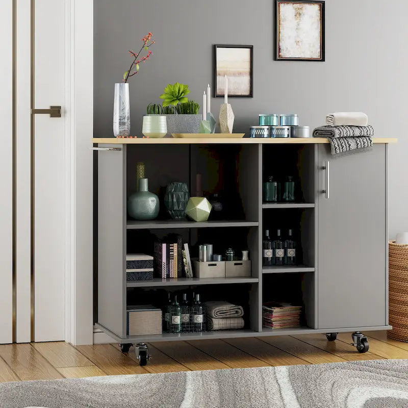 Kitchen Storage Island Cart with 6 Open Shelves and 1 Cabinet