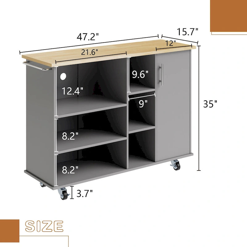 Kitchen Storage Island Cart with 6 Open Shelves and 1 Cabinet