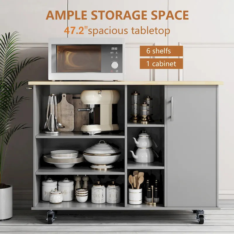 Kitchen Storage Island Cart with 6 Open Shelves and 1 Cabinet