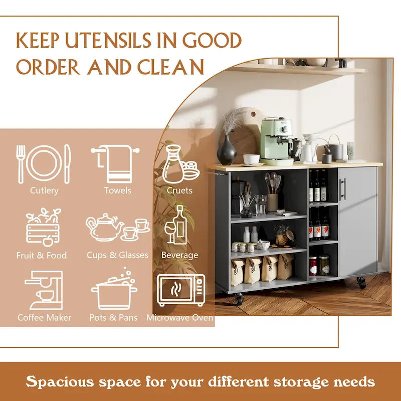 Kitchen Storage Island Cart with 6 Open Shelves and 1 Cabinet