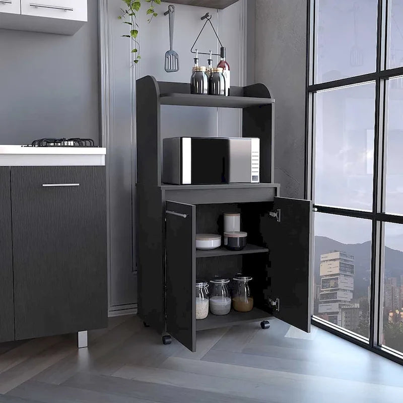 2-Tier Kitchen Island Cart with Open Shelves and Double Door Cabinet