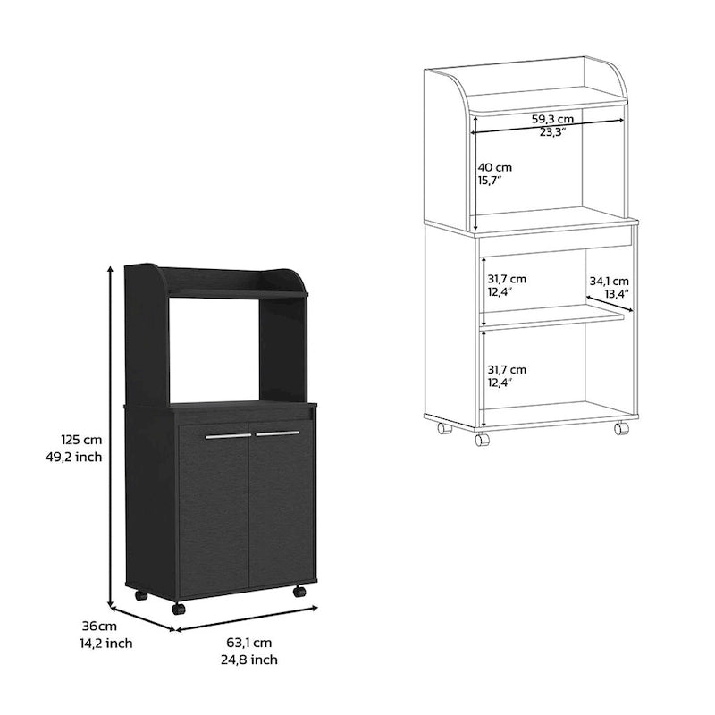 2-Tier Kitchen Island Cart with Open Shelves and Double Door Cabinet