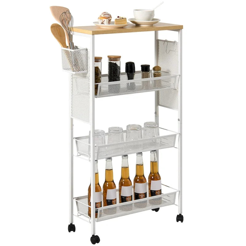 Wood Rolling Kitchen Cart with Wooden Tabletop and Mesh Baskets