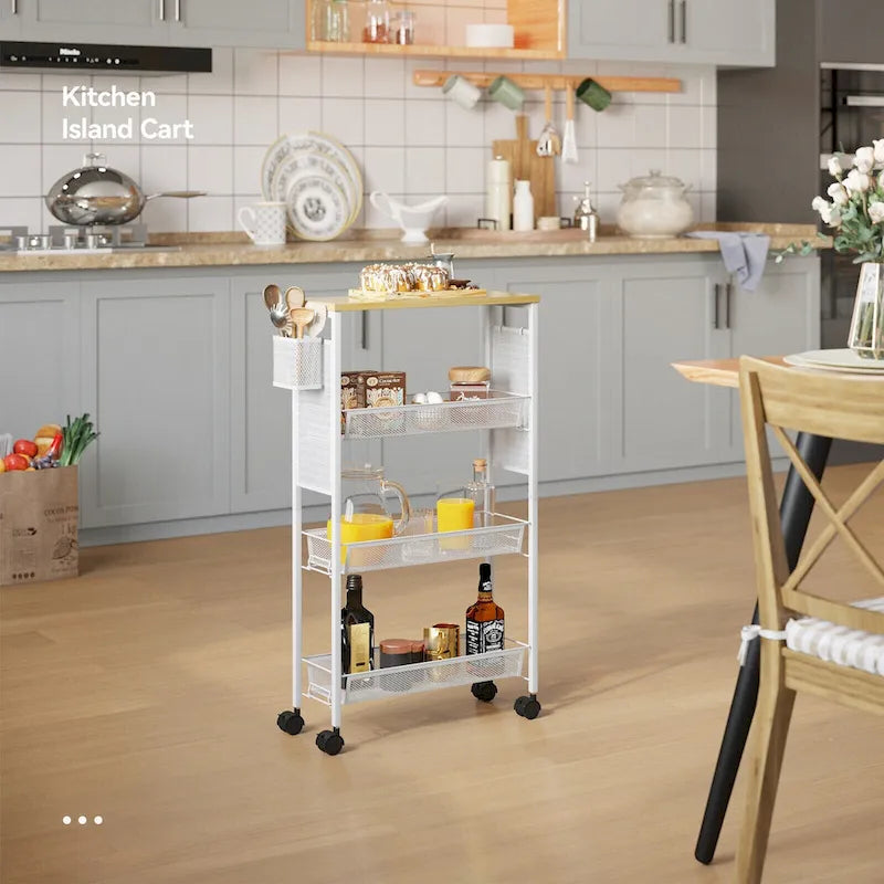 Wood Rolling Kitchen Cart with Wooden Tabletop and Mesh Baskets