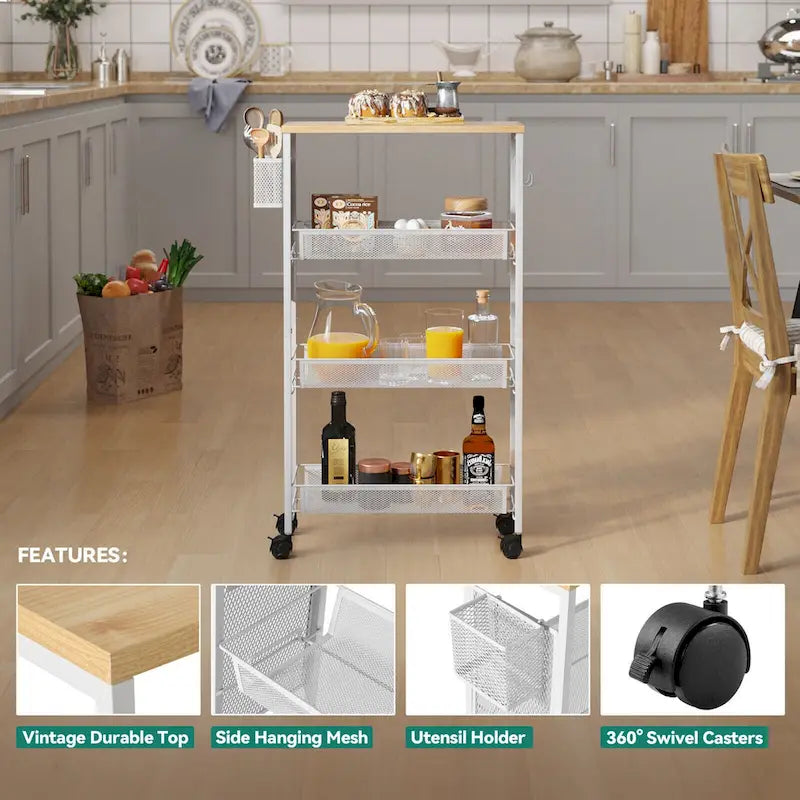 Wood Rolling Kitchen Cart with Wooden Tabletop and Mesh Baskets
