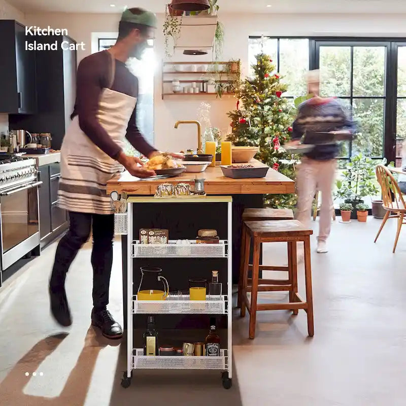 Wood Rolling Kitchen Cart with Wooden Tabletop and Mesh Baskets