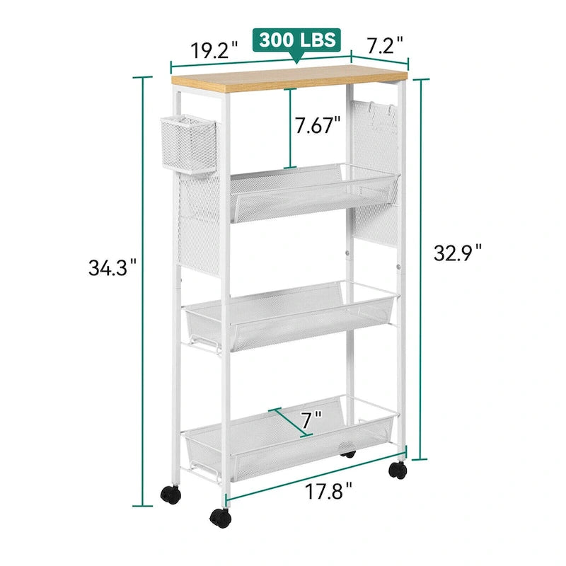 Wood Rolling Kitchen Cart with Wooden Tabletop and Mesh Baskets