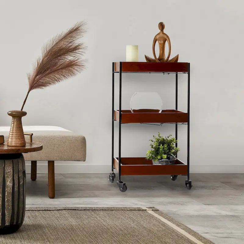 Wooden Slat and Black Metal Storage Cart